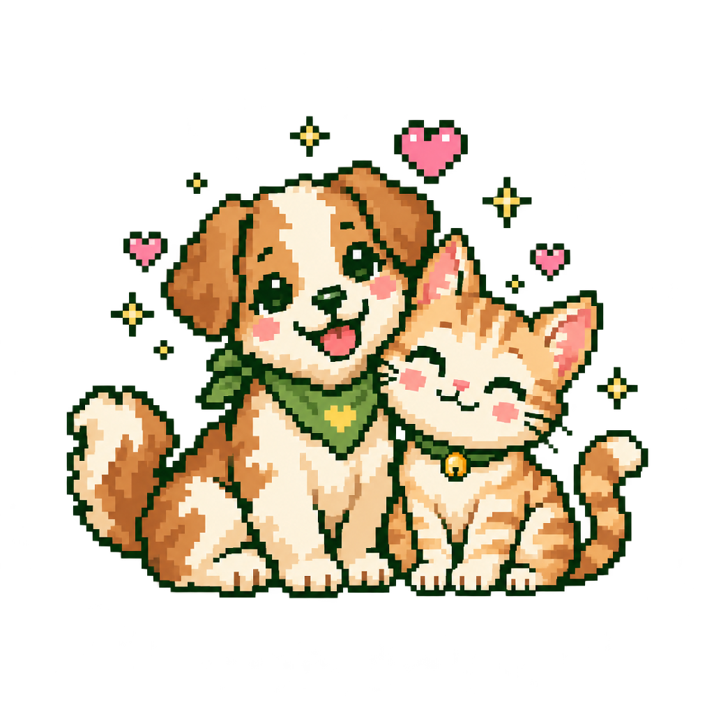 Chó và mèo pixel ngồi cạnh nhau giữa những trái tim